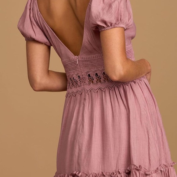 Lulu's Dusty Rose Crochet-Trim Puff Sleeve Mini Dress - Picture 4 of 11